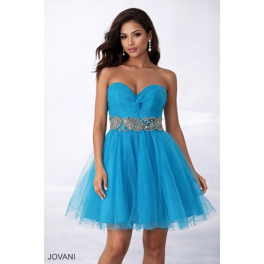 Jovani Turquoise Strapless Tulle Cocktail Dress with Crystal Belt – Size 4